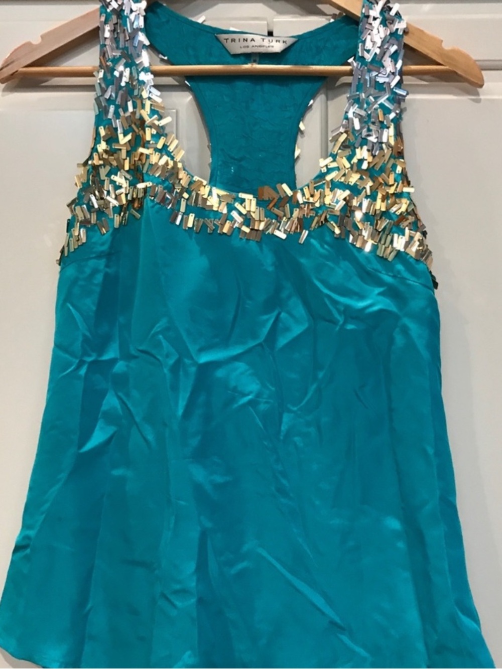 Trina Turk Teal Embellished Racerback silk Tank 🦋